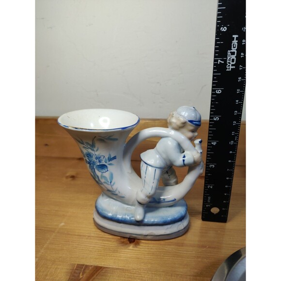 Vintage L&M Inc Blue White Horn Blowing Boy Vase 5" - Picture 7 of 9